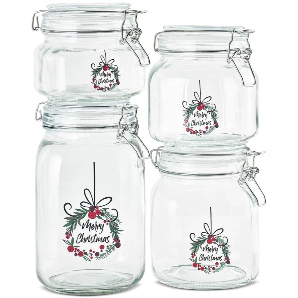 Art & Cook 4-Piece Printed Glass Canister Set Wide Mouth Clamp Lids Storage Jars